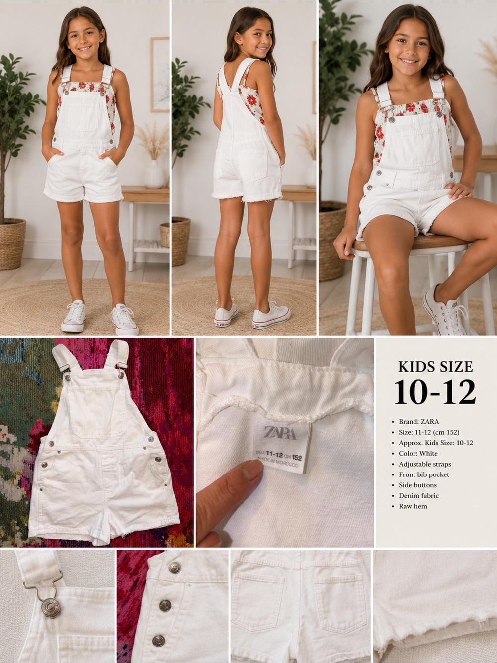 ZARA Girls White Denim Overall Shorts Size 10-12 (152) Adjustable Straps Raw Hem - Picture 8 of 9